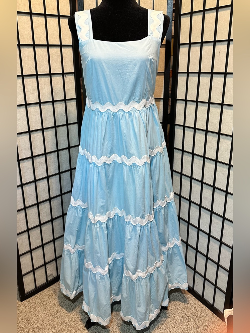 Baby Blue Tiered Ric Rac Trim Midi Dress